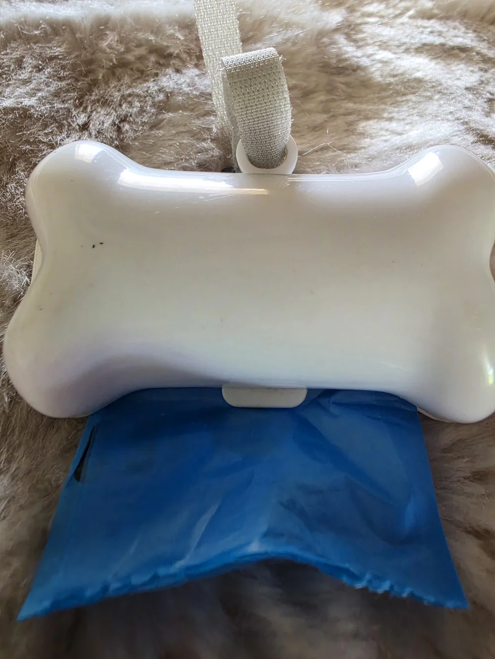 White Bone-Shaped Dog Waste Bag Dispenser with Strap